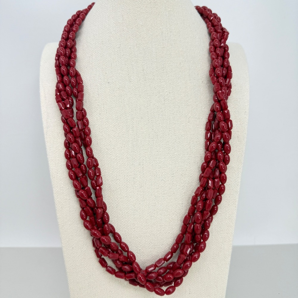 Red Multi Strand‎ Beaded Torsade Necklace Faceted Rice Beads Brass Clasp